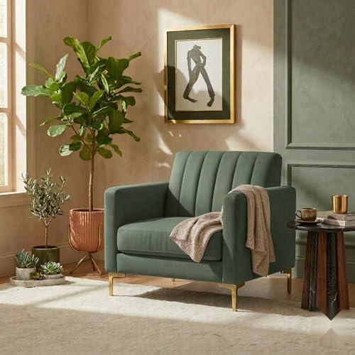 Image of 1 Seater Velum Fabric Sofa Set for Living Room, Modern Design with High Density Foam, Solid Wood Frame, Ergonomic Comfortable Seating for Home & Office (Frosty Green, 1 Seater) | Soft foam comfort
