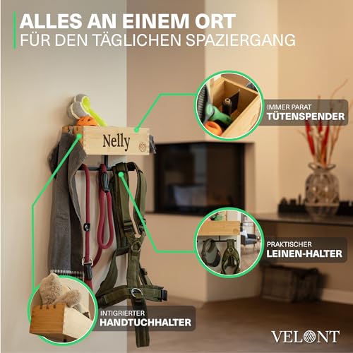 VELONT Hundegarderobe mit Ablage Personalisiert - Größe XL - Perfekter Leinenparkplatz - Bambus - Dogstation für Leinen & Zubehör - Inkl. Kotbeutelspender und Montagekit (04 L Gravur)