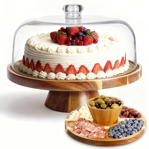 VALESKA Acacia Wood Cake Stand with Dome Lid...