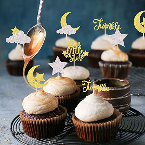 24 Pack Little Star Cupcake Toppers Glitter Moon Cloud Cupcake Picks Twinkle Star Baby Shower Kids Birthday Wedding Party Cake Decorations Supplies Gold #TOP5