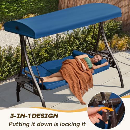 Image of 3 in 1 Outdoor Porch Swing with Adjustable Canopy, 3 Seat Outdoor Swing for Adults, Patio Swing Chair with Thickened Cushions,Pillows & Cup Holders for Backyard, Porch, Garden (Blue)