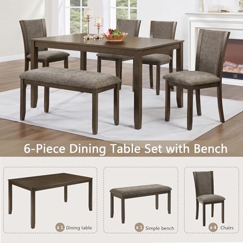 Image of KEIKI 6-Piece Standard Height Dining Table Set with Rectangular Table, 4 Upholstered Chair, Bench, for 6 Person, Modern Style Wooden Table Set, Easy Assembly, for Kitchen, Dining Room, Dark Walnut