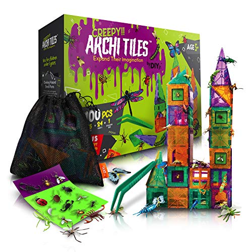 DIY jr Creepy Archi Tiles - Magnetic Tiles for Kids - Colorful Construction Magnetic Building Blocks with Bugs, Storage Bag, Stickers, Tweezers - Creative Educational Toys for Toddlers - 100pc Set