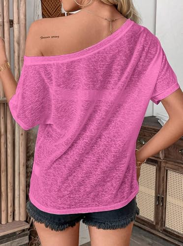 Image of Hilinker Women's Sheer Off The Shoulder Tops See Through Sexy Short Sleeve Mesh Shirt Summer