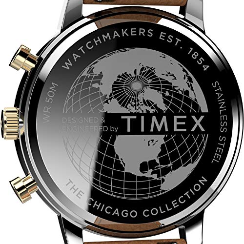 Image of Timex Men's Chicago Chronograph 45mm Watch - Blue Dial Two-Tone Case with Brown Leather Strap