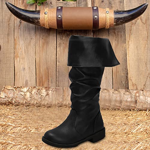 Mid Calf Boots for Women Low Heel,Stylish Flanging Renaissance Shoes Gothic Faux Leather Boots Pull On Pirate Boots3