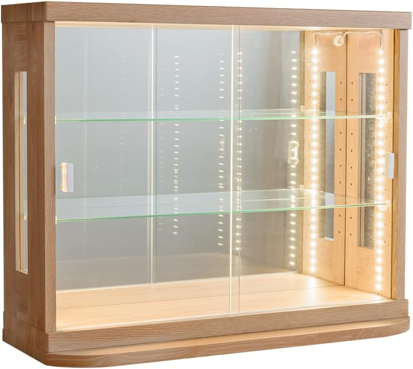 カフェ縦ライト付き コレクションケース 卓上型 前側 LEDライト 小型 幅70cm コレクションボード ガラスケース (本体:ナチ