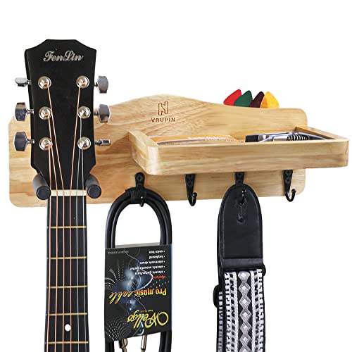 Natural Solid Wood Guitar Wall Mount-Guitar Hanger With Shelf And Pick Holder-Guitar Holder Wall Mount With Rotatable Rubber Hook, Guitar Accessories For Acoustic, Electric Or Bass Guitar, Ukulele #TOP23
