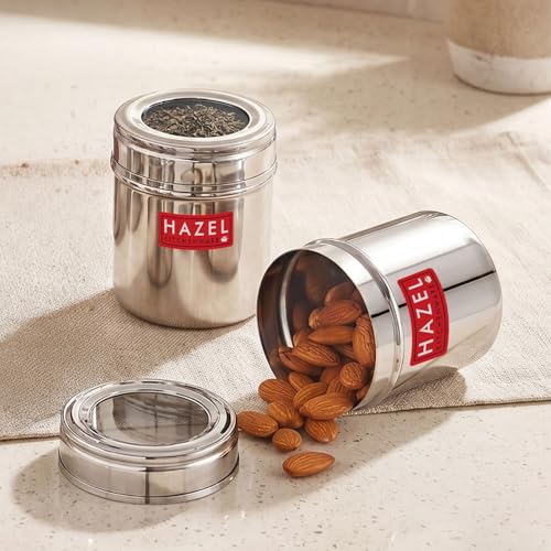 Image of HAZEL Stainless Steel Top See Containers, 250 ml (Pack of 2) | See Through Lid Steel Jars for Spices, Dry Fruits & Kitchen Use
