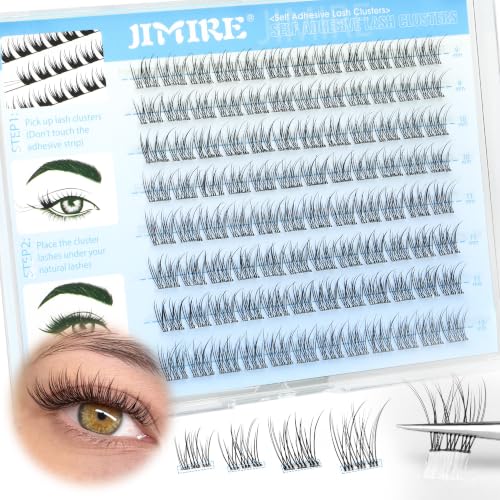 JIMIRE Natural Self Adhesive Eyelashes Wispy Pre Glued Lash Clusters No Glue Needed Press on Lashes Reusable Self Adhesive Lash Clusters Easy to Apply 9-12MM for Clean Makeup Look
