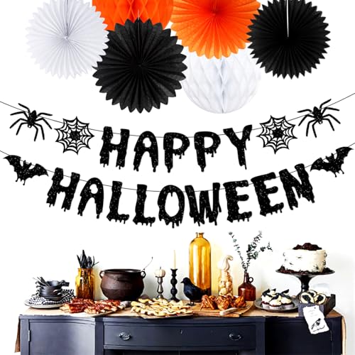 Image of Orange Black Happy-Halloween Party Decorations - 13PCS Spider Web Bats Streamers Banner ,Paper Flowers Lanterns Tissue Pom Poms Fans, Classroom Birthday Bachelorette Hanging Supplies Decor Hugfond