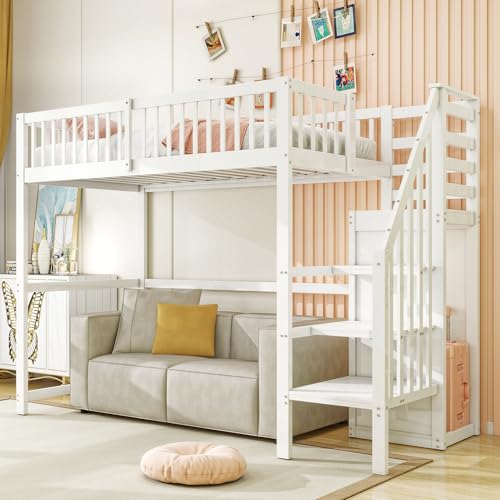 Azkoeesy Letto a soppalco singolo per bambini e adulti, con scala e armadio, protezione anticaduta e rete a doghe, spazio di archiviazione sotto il letto, bianco, 90 x 200 cm