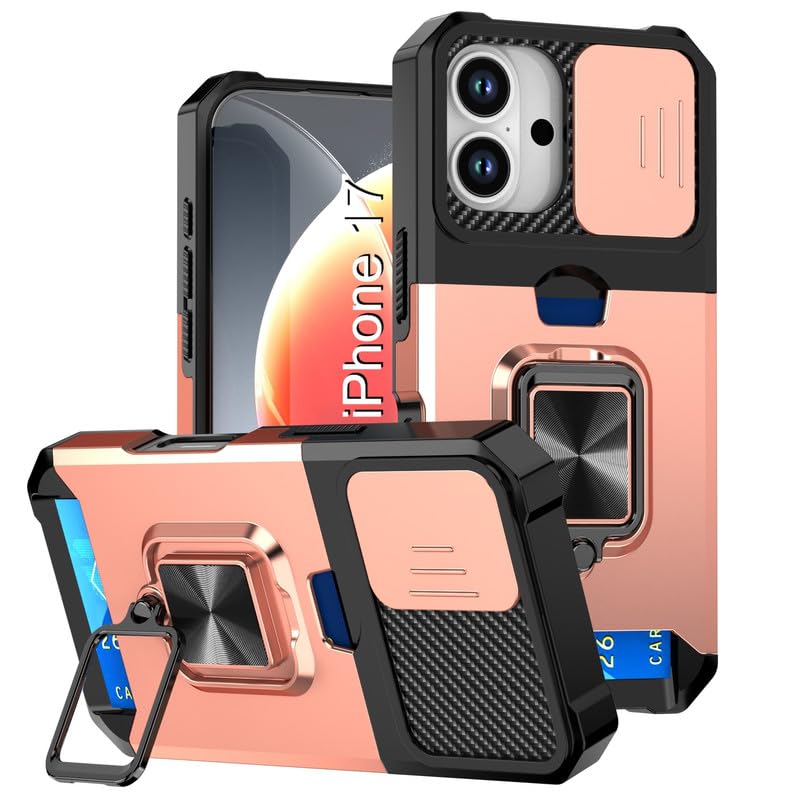 Image of LuxuryKase Shockproof Armor Case for iPhone 17 | Slide Camera Cover | Hidden Card Slot | Rotating Ring Kickstand | Magnetic Car Mount Support | Military Grade Protection - Rose Gold