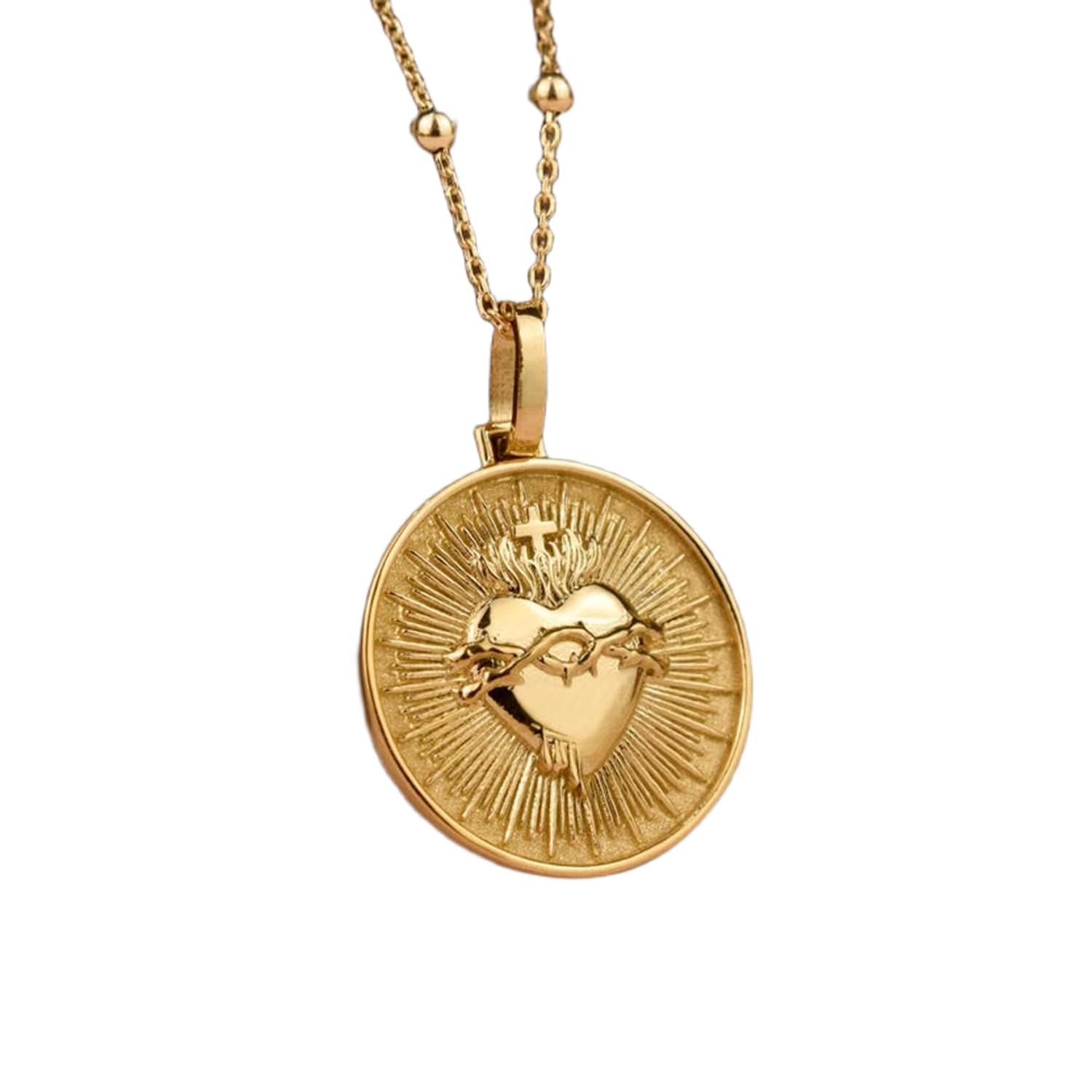 LKBEADS Collana in argento sterling 925 da 24 mm | catena da 18 pollici | Sacro Cuore di Gesù per donne | gioielli cattolici del Sacro Cuore | catena satellitare | placcatura in oro | 00419