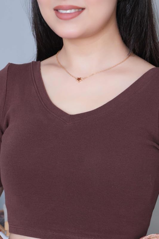 Image of Mlada V-Neck Stretchable Saree Blouse Top for Women | Slim Fit Short Sleeves Solid Cotton Blouses | Readymade Saree Blouses for Women Festive & Ethnic | Blouse Crop Top