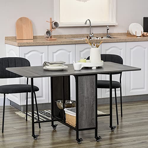 HOMCOM Mobile Folding Drop Leaf Table: Space-Saving Elegance 3 HOMCOM Mobile Drop Leaf Table Folding Kitchen Table Extendable Dining Table For Small Spaces With 6 Wheels & Storage Shelf Grey