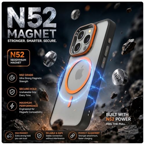 Image of Pikkme Back Cover for iPhone 16 Pro | Shockproof | Mag-Safe Compatible | Hard Transparent Back | Premium Raised Camera Protection | Bumper Case (Black & Orange Mag-Safe)