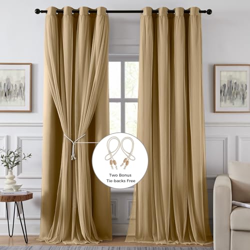 Image of 100% Blackout Curtains for Bedroom, Double Layer Khaki Curtains, Black Out Curtain 84 inch Long with Sheer Overlay for Living Room, Room Darkening Window Drapes with Grommet, 52 inch W x 84 inch L