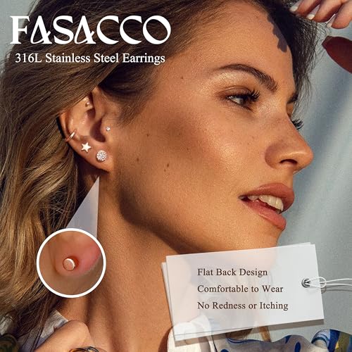 FASACCO 12Pairs Flat Back Earrings for Women Men Hypoallergenic 14K Gold Plated Stainless Steel Flatback Stud Small Huggie Hoop Earrings 20G Tiny Gold Stud Earring Sets for Multiple PIercing2