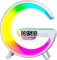 Luminária RGB Inteligente com Som Bluetooth, Relógio Despertador e Carregador Sem Fio – Caixa de Som Speaker G Branca para Quarto e Escritório