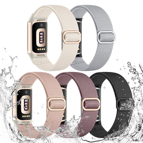 Maledan Elastic Band Compatible with Fitbit Charge 6/Charge 5 Bands Women, Waterproof Stretchy Nylon...