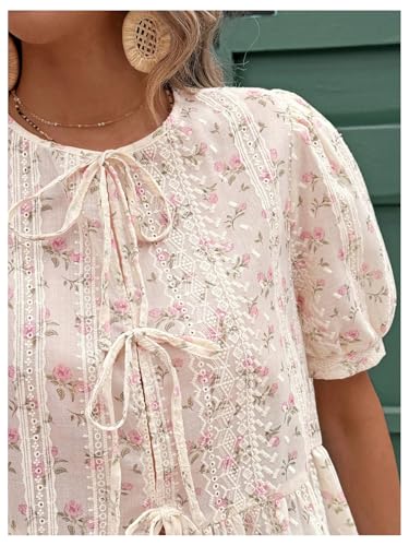 WDIRARA Women's Floral Print Bow Tie Front Blouse Puff Short Sleeve Round Neck Peplum Babydoll Shirt3