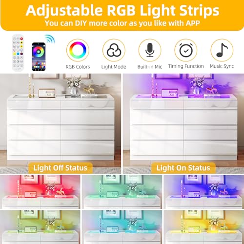 Dwvo MADWVKVVUR 8 Drawer Dresser With Led, White Dresser, Modern 8 Chest Of Drawers With Deep Drawers Glass Top High Gloss Surface thumb #5