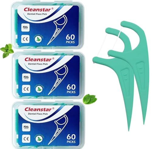DenCare FDA & CE Certified 180pcs Mint Flavoured Floss Picks, Shred Resistant Floss Sticks,Tooth Picks,Teeth Cleaning Picks, Strong Dental Floss, Pack of 3