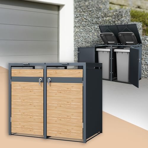 ML-Design Box pour 2 Poubelles, jusqu'à 240L,132x80x116,3 cm, en Acier, Anthracite/Aspect Mélèze, Résistant aux Intempéries, Habillage de Poubelle, Couvercle Rabattable/2 Portes, Conteneur Abri Hangar