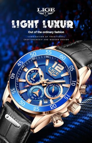 Image of LIGE Men's Watch Chronograph Genuine Brown Leather Strap Rose Gold Case with Date, Luminous Hand Analog Watches for Men | Gift for Men