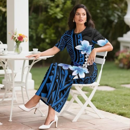 Image of Puletasi Samoan Traditional 2 Piece Outfits for Women Short Sleeve Crop Top and Maxi Skirt Sets Puletasi Dress