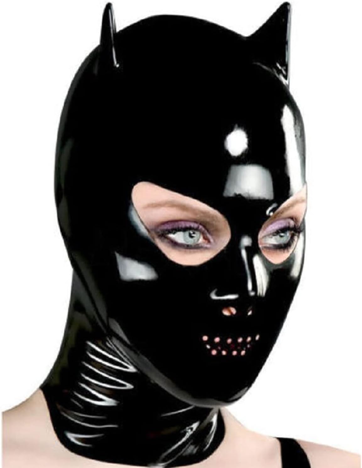 Black Latex Hood with Cat Ears Back Zipper Open Perforated Mouth Rubber Mask Cosplay Club Wear Costume
