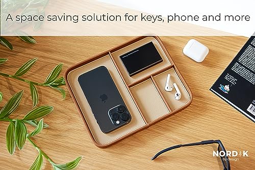 Nordik Leather Valet Tray - Saddle Brown - Premium Vegan Leather Stylish and Organized Nightstand Tray for Men - EDC Catchall Tray for Keys, Watch, Wallet, Jewelry - Modern Bedside Caddy