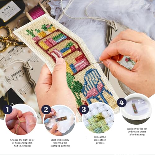 Image of INFUNLY 6PCS Sweet Home Cross Stitch Bookmarks Kit 3x8.5inch Cat Window Stamped Embroidery Bookmark Kit Life Scenarios Needlepoint Bookmark Set with Instruction for Book Lover Reader Writer