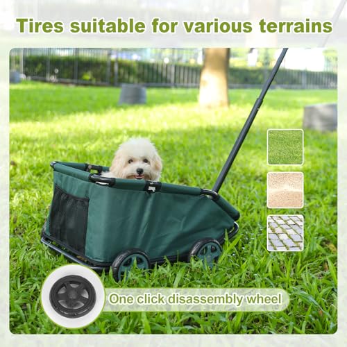 Mini-Hundewagen für Mini-Haustiere, faltbarer multifunktionaler Einkaufswagen mit ausziehbarem Ziehgriff Im Freien, Wagon eingebautem Kissen und Sicherheitsseil mit Aufbewahrungstasche (Dunkelgrün)