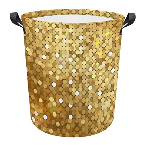 Ronda Cestos Para La Colada Glitter Gold Sequins Ronda Cesta De Lavadero Moderno Cesta Redonda De Almacenamiento De Lavandería Duradero Ronda Cubo Ropa Sucia Para Baño Ropa Sucia 34x42cm