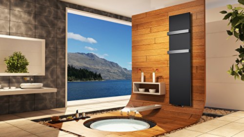 Badheizkörper Design Mirror Steel 3, HxB: 180 x 47 cm, 1118 Watt, schwarz (matt) + 2 Handtuchhalter (50mm) (Marke: Szagato) Made in Germany/ Top- verarbeiteter Bad und Wohnraum- Heizkörper (Mittelanschluss)