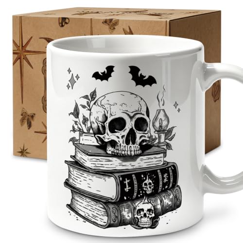 Skull and Books Coffee Mug 11oz, Gothic Dark Academia Ceramic Cup | Black and White Illustration, Dark Academia, Halloween Drinkware Gifts for Women, Home Office Livingroom Decor