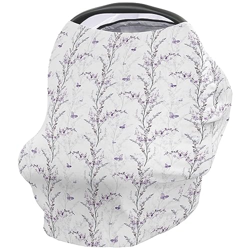 Nursing Cover for Breastfeeding Scarf, Purple Floral Butterfly Baby Car Covers Super Soft Multi Use for Canopy Shopping Cart Cover Blanket Stroller Cover