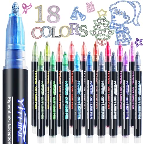 YITHINC Glitter Outline Markers, Gifts for Teenage Girls, Birthday Presents for Kids, 18 Metallic Colouring Pens, Art and Crafts Supplies Set for Kids Ages 4-16