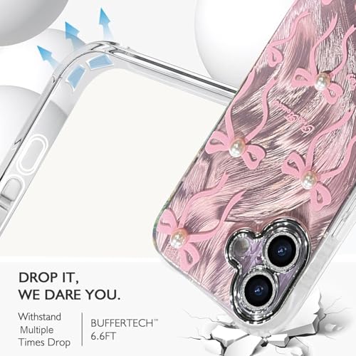 Image of VONZEE Compatible with iPhone 17 6.3'' Case Luxury Pink Girly Cute 3D Bow Pearl Glitter Bling Case with Full Camera Protection Shockproof PC+TPU Glossy Shiny Cover for Girls Women, Pink