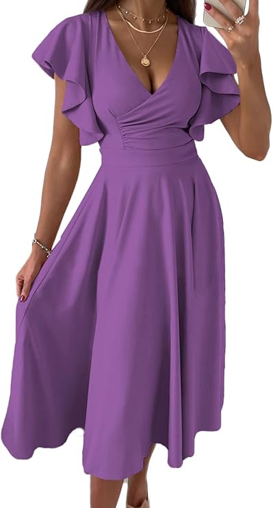 Dokotoo Women's V Neck Elegant Party Dress Short Sleeve Skater Dress Wedding Guest Dresses