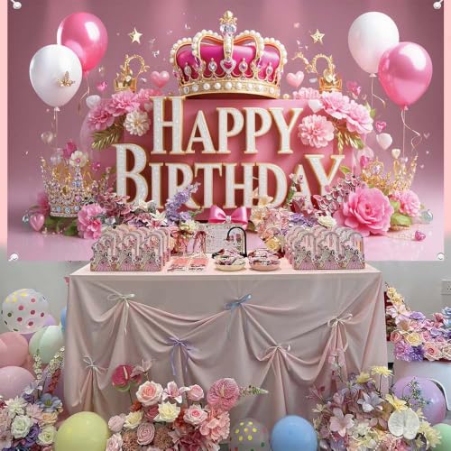 Image of Pink Happy Birthday Banner Backdrop for Wonen Girl | 71x43.3inch Pink Crown Theme Banner; Polyester Fabric; Reusable; Ideal Photo Decor for Girls & Women Birthday Parties