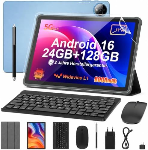 Tablet 11 Zoll mit Tastatur: Android 16 8000mAh T615 Octa-Core 24GB+128GB Tablet PC - WiFi 6 GPS 1280*800 HD+IPS 13MP+5MP Kamera mit Maus, Usb C, Adapter, Hülle, OTG-Adapter, Stift