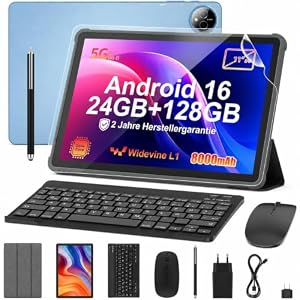 Tablet 11 Zoll mit Tastatur: Android 16 8000mAh T615 Octa-Core 24GB+128GB Tablet PC - WiFi 6 GPS 1280*800 HD+IPS 13MP+5MP Kamera mit Maus, Usb C, Adapter, Hülle, OTG-Adapter, Stift, Schutzfolie