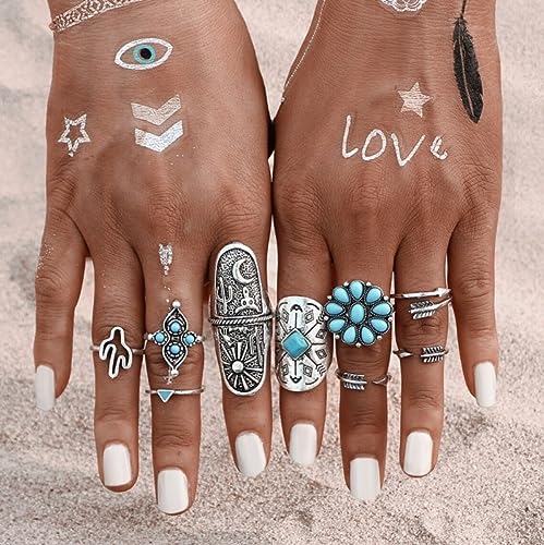 Harry and Henry Turquoise Ring Set Western Jewelry for Women Vintage Western Rings Set Boho Rings Knuckle Stackable Rings Trendy Stuff Turquoise Jewelry for Women3