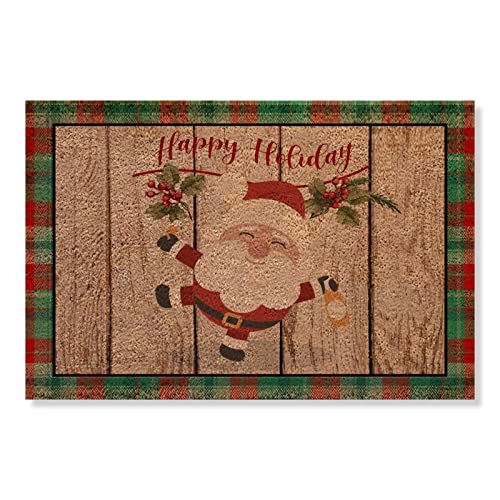 Happy Christmas Santa Tartan Plaid Holiday Festive Barn Wood Natural Coir Doormat Non Slip Outdoor Farmhouse Entrance Way Mat Heavy Duty Welcome Front Door Mats 24X36In Made In Usa #TOP14