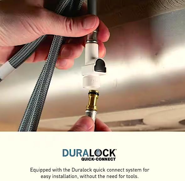 Close-up of Duralock quick-connect system for faucet installation