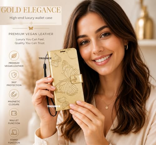 Image of TROUNCE Butterfly Embossing Shock Proof Flip Cover with Card Cash Holder Wallet Case & Magnetic Lock|Mobile Cover|Back Cover- Gold for Google Pixel 8