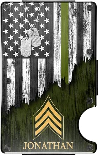 CREWZ Personalized Military Wallet with Engraved Insignia Rank, Thin Green Line, and Patriotic American Flag – Retirement Gifts for US Soldier Veterans, Husband, and Fathers Day